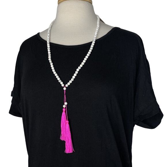SHIRALEAH New Pink Java Boho Statement Long Necklace Tassle White Wood Beads - Picture 2 of 6